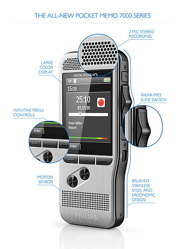 PHILIPS Pocket-Mémo 7200 avec un bouton glissière, 2 mic st, entrée carte SD