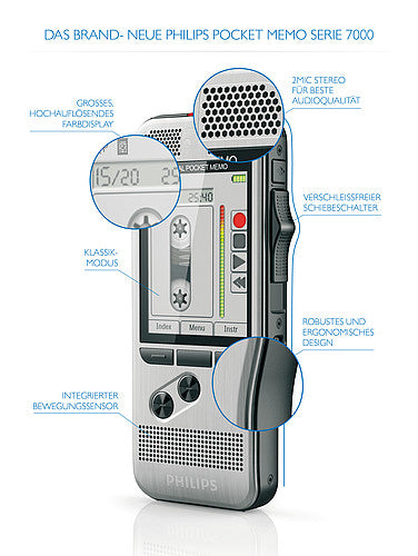 PHILIPS Pocket-Mémo 7200 avec un bouton glissière, 2 mic st, entrée carte SD