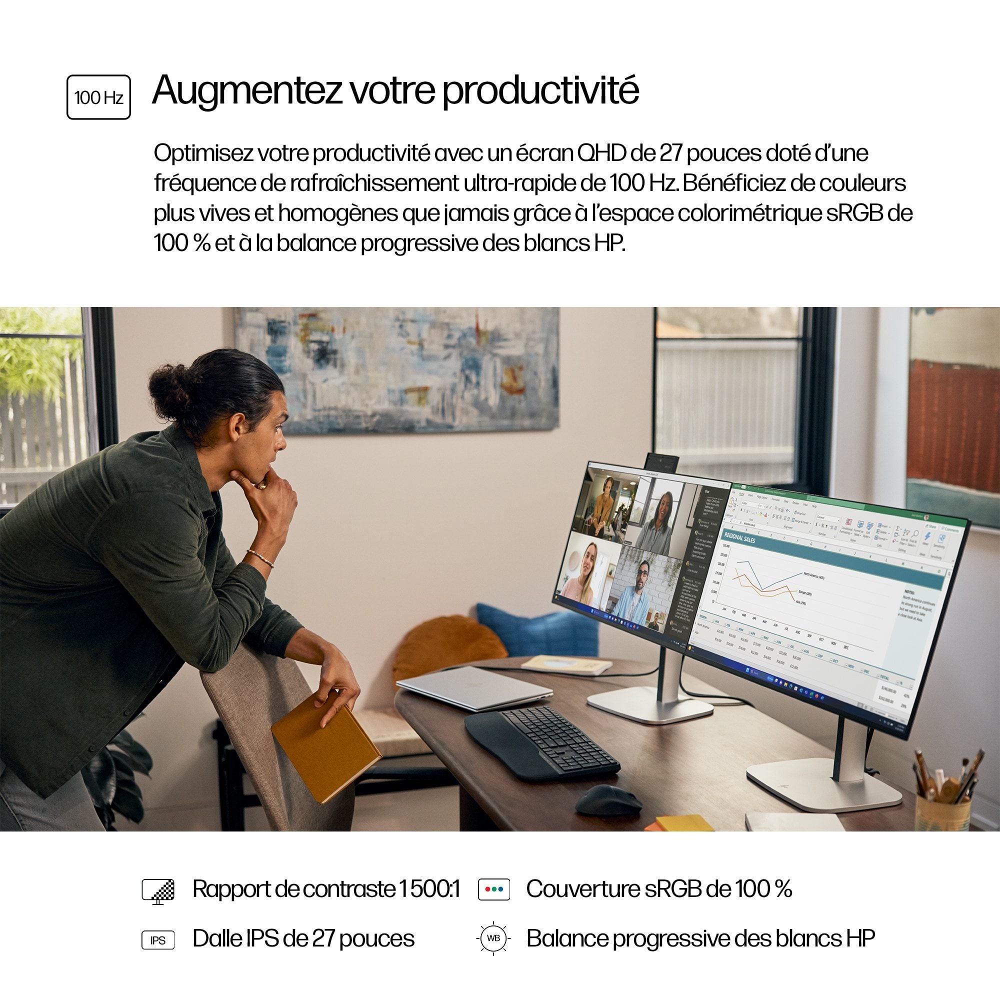 HP 9D9S0A5#ABB Pro QHD Moniteur LCD 27 pouces avec Hub USB et Réglage de la Hauteur