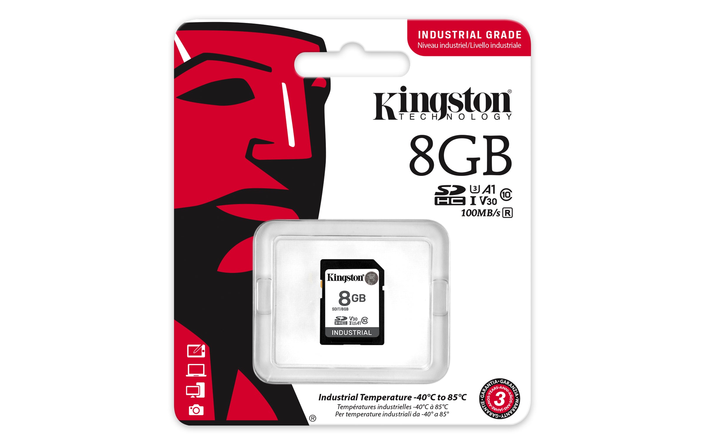 KINGSTON 8Go SDHC Industrial -40C to 85C C10 UHS-I U3 V30 A1 pSLC