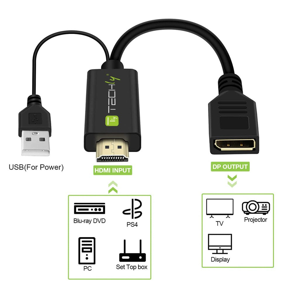 Techly ICOC HDMI-DP12A Adaptateur HDMI vers DisplayPort alimenté par USB 4K*30Hz M/F