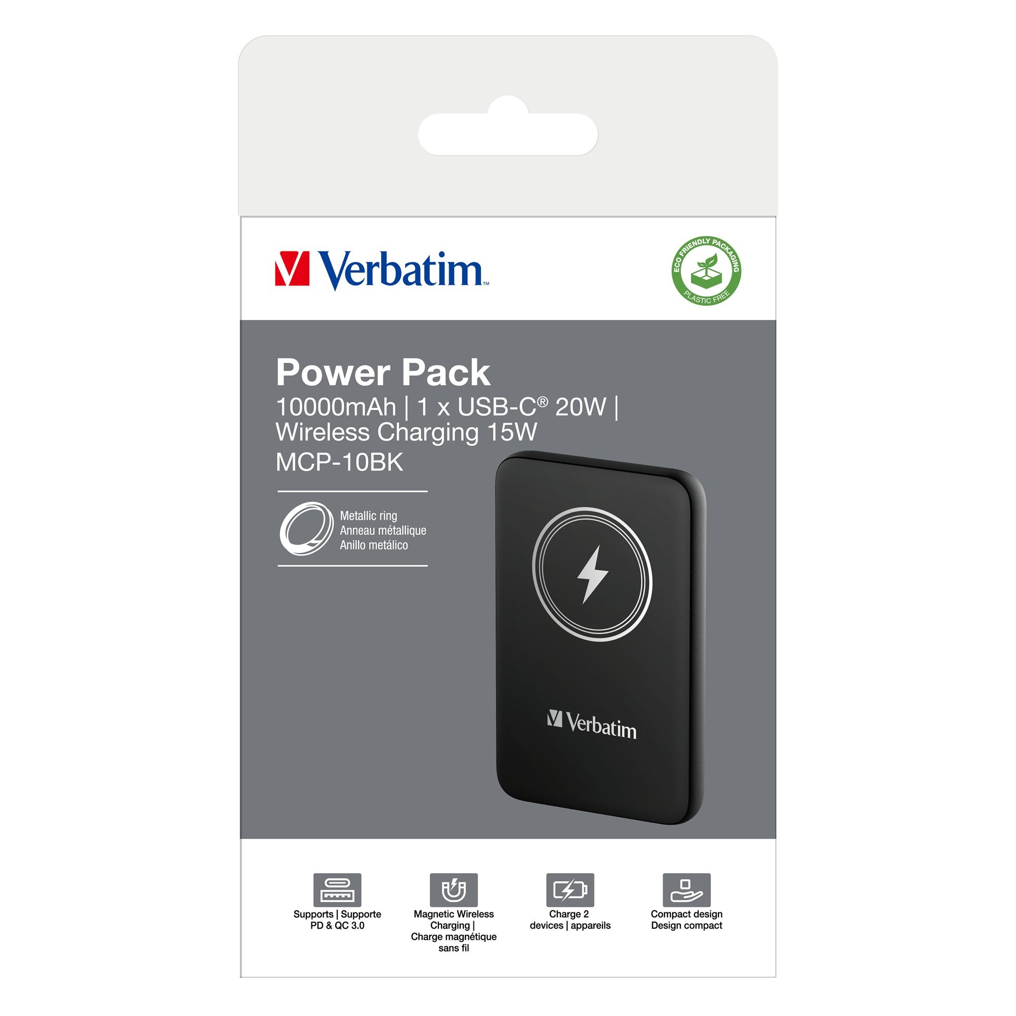 VERBATIM CHARGE N GO MAGNETIC WIRELESS POWER BANK 10000 BLACK WCF (P)
