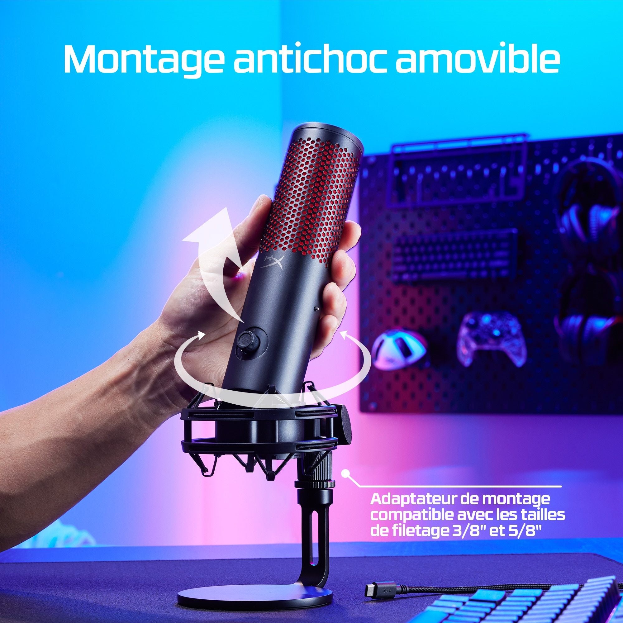 Microphone a condensateur HyperX QuadCast 2, USB, filtre anti-pop, noir