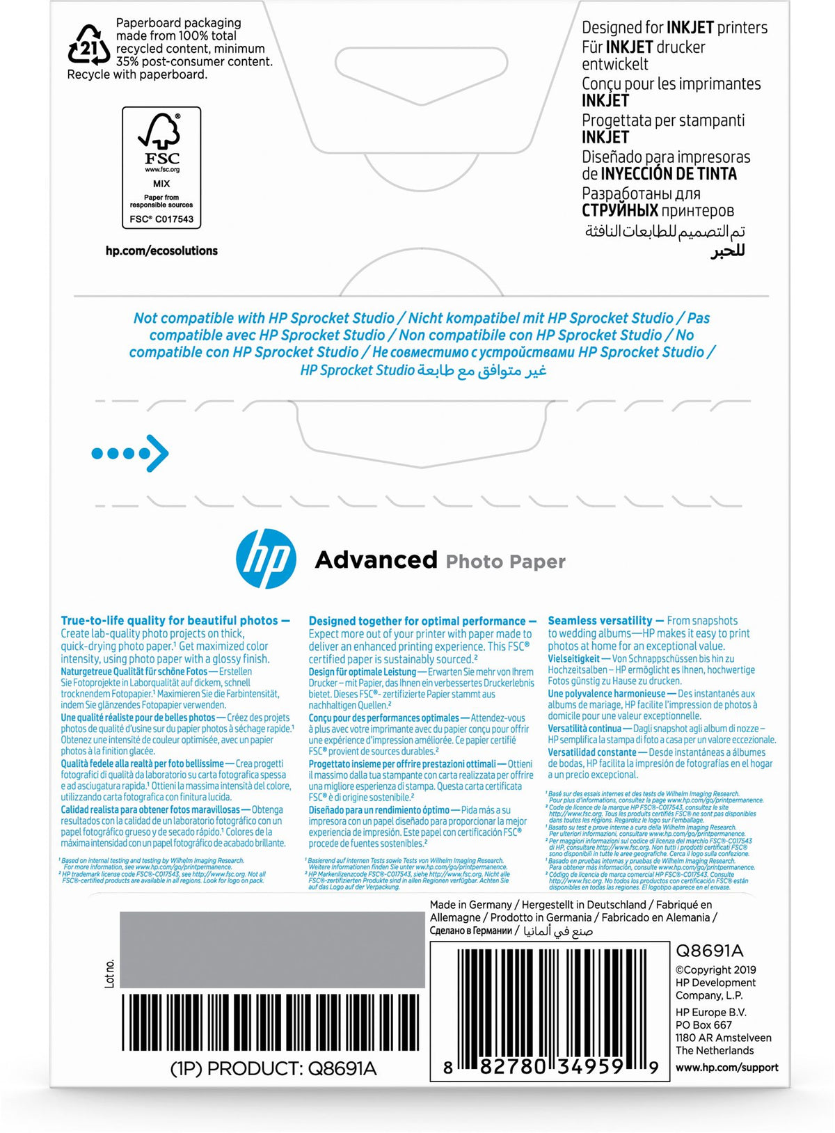 HP original Q8691A Advanced glossy photo paper Ink cartridge 250g/m2 100x150mm 25 sheets 1-pack borderless