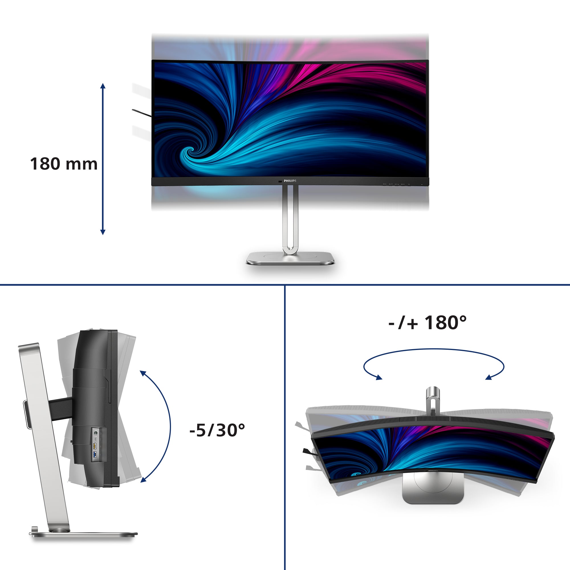 PHILIPS 34B2U5600C/00 34p 3440x1440 120Hz VA CURVED H/A tbu MM ULTRAWIDE USB-C DOCKING DISPLAY RJ45 PD > 100 W USB HUB SPEAKERS