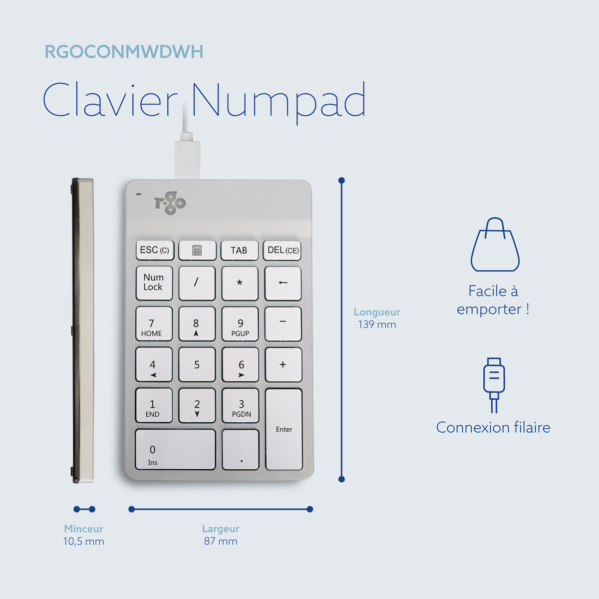 R-GO TOOLS Pavé numérique Numpad Break, filaire blanc/argent