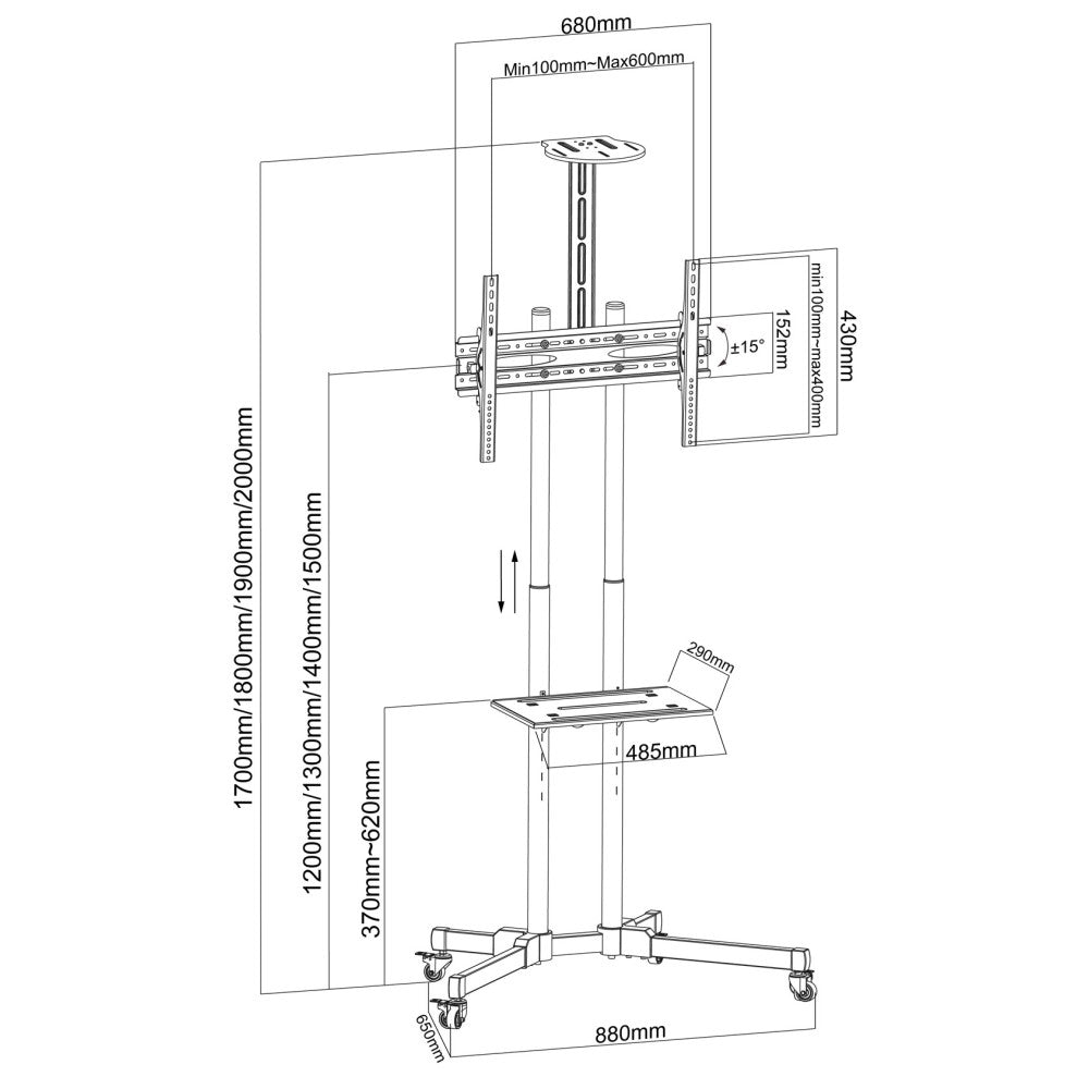 Techly ICA-TR216T Support TV mobile 37-70” jusqu'a 50kg réglable 2 étageres