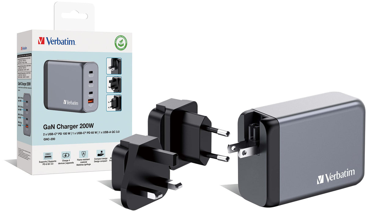 VERBATIM GNC-200 GAN CHARGER 4 PORT 200W USB A/C EU/UK/US WCF (P)