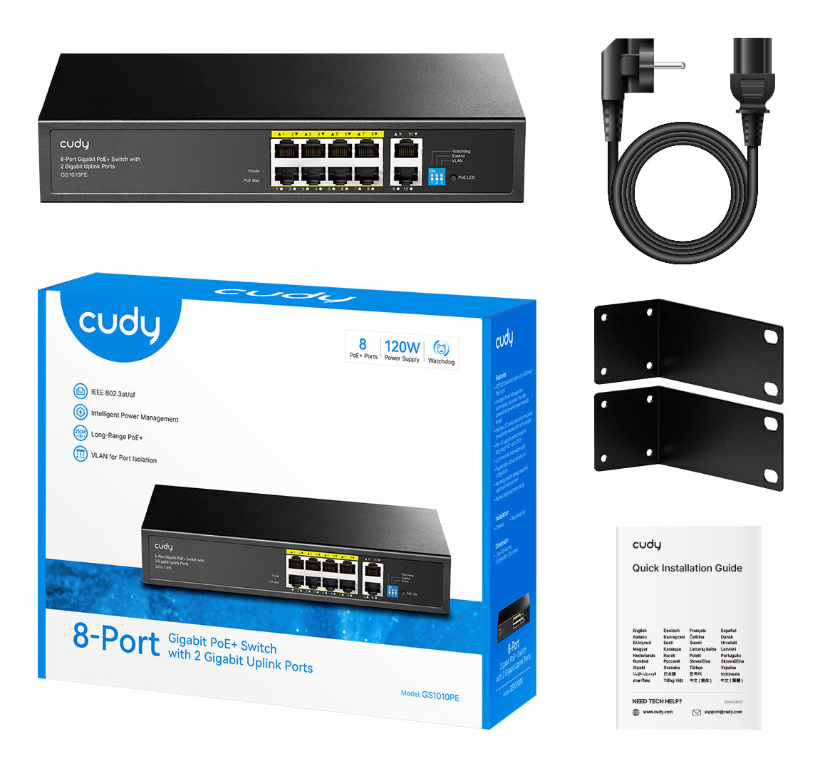 Cudy GS1010PE commutateur réseau Non-géré Gigabit Ethernet (10/100/1000) Connexion Ethernet, supportant l'alimentation via ce port (PoE) Noir