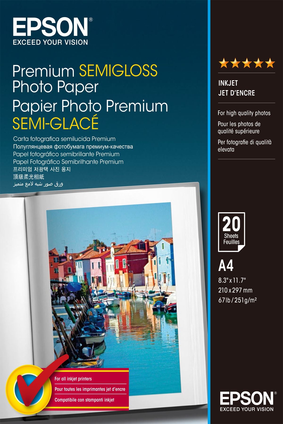 EPSON PREMIUM semi brillant photo papier inkjet 251g/m2 A4 20 feuilles pack de 1