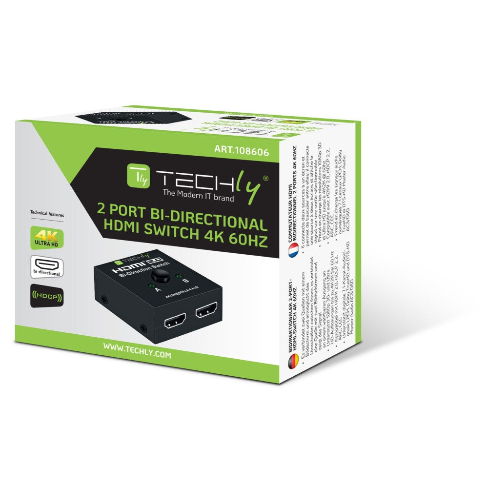 Techly IDATA HDMI-22BI2 Commutateur HDMI 2.0 2x1/1x2 4K60Hz Bi-Directionnel