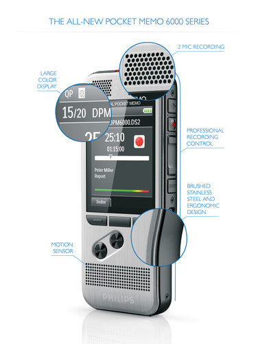PHILIPS Pocket-Mémo DPM6000: Enregistreur vocal à bouton-poussoir, 2 Mic Stéréo