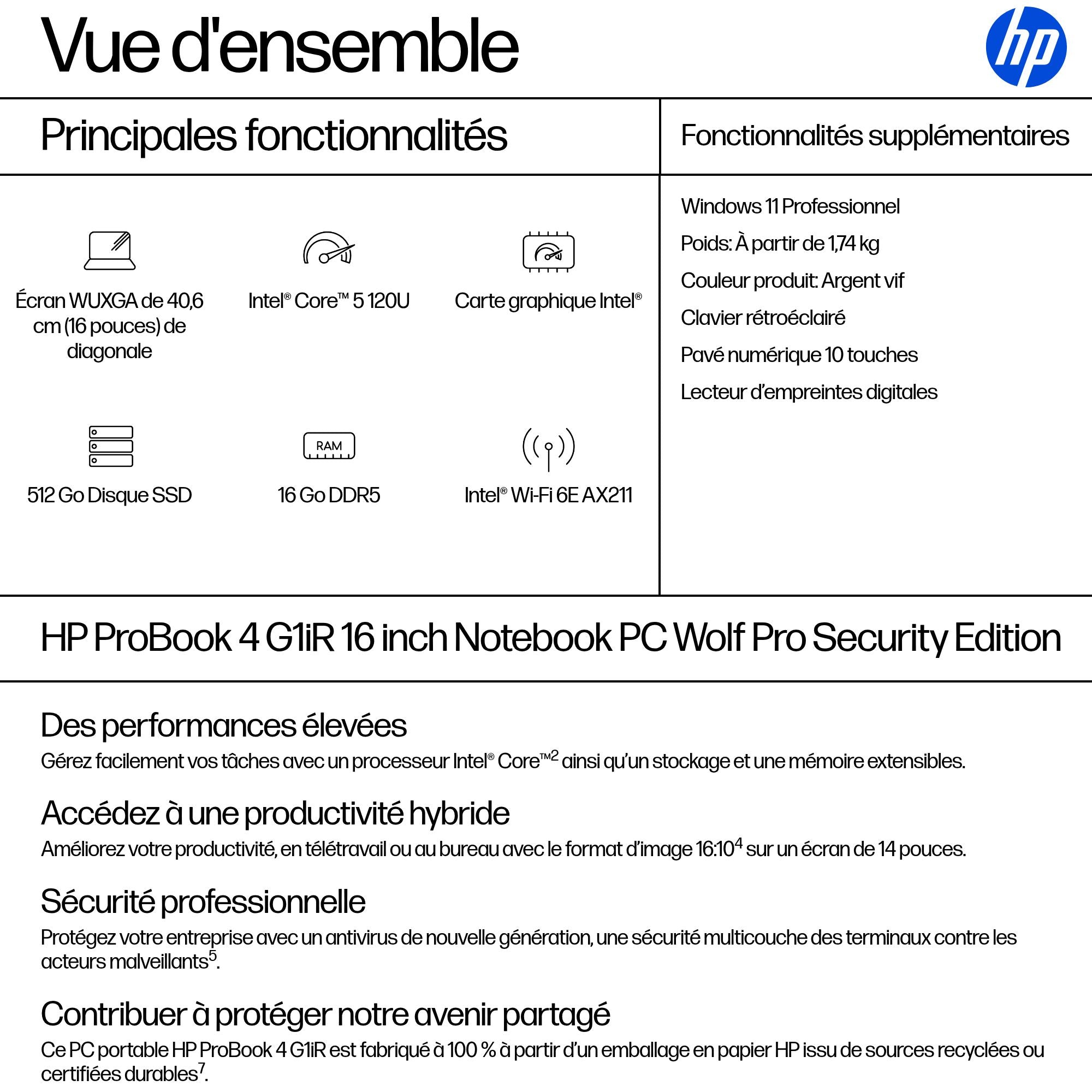 HP ProBook 4 G1iR Intel Core 5 120U 16p WUXGA 16Go 512Go SSD UMA W11P 1/1/0
