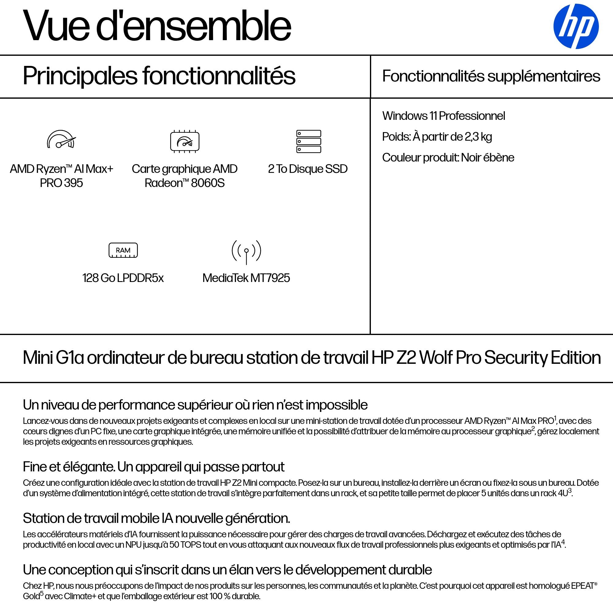 HP Z2 Mini G1a AMD Ryzen AI Max+ PRO 395 128Go 2To SSD Zturbo AMD Radeon 8060S W11P 3/3/3