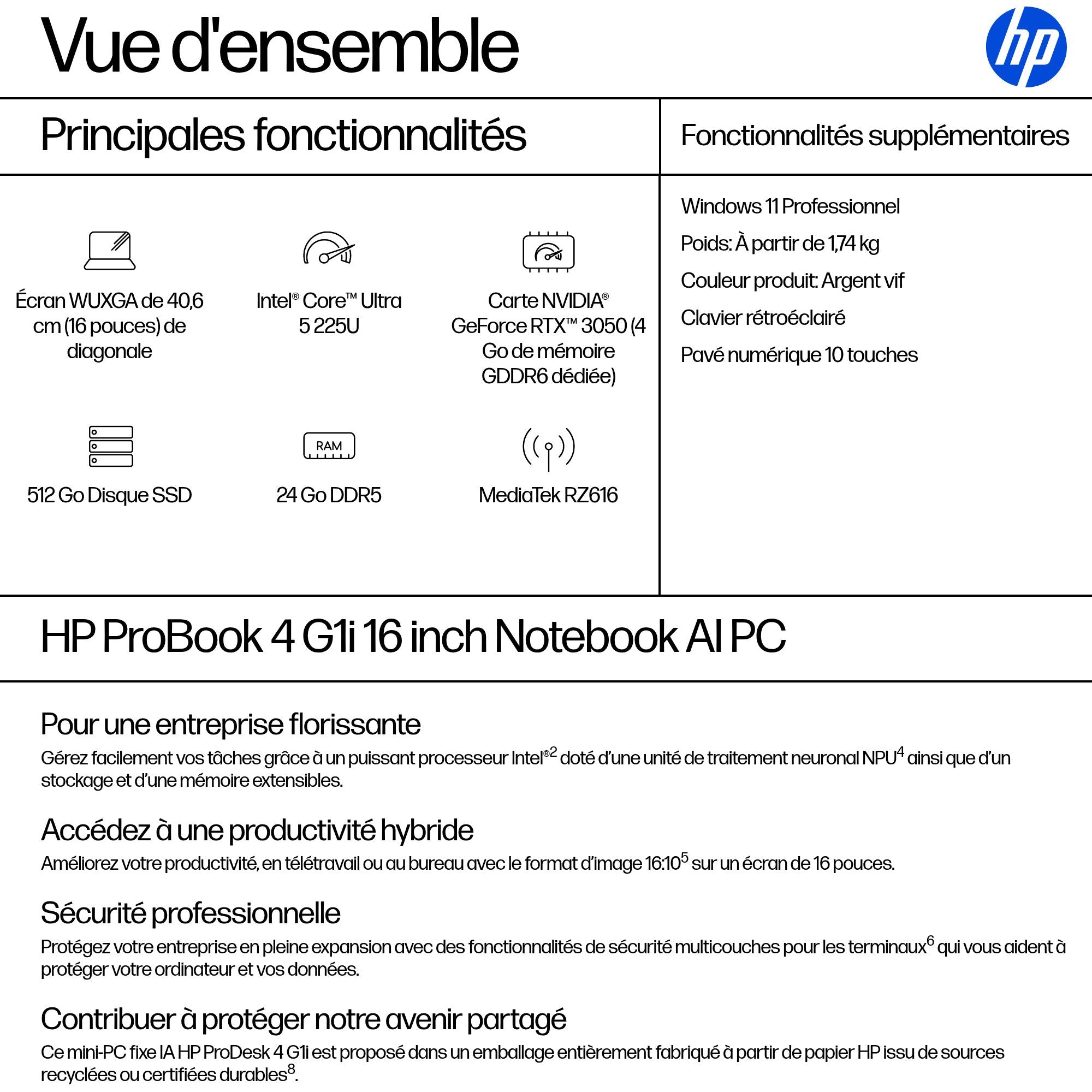 HP ProBook 4 G1i Intel Core Ultra 5 225U 16p WUXGA AG LED UWVA Webcam 24Go DDR5 512Go SSD ax6G+BT 3C Batt UMA W11P 1yr Wrty