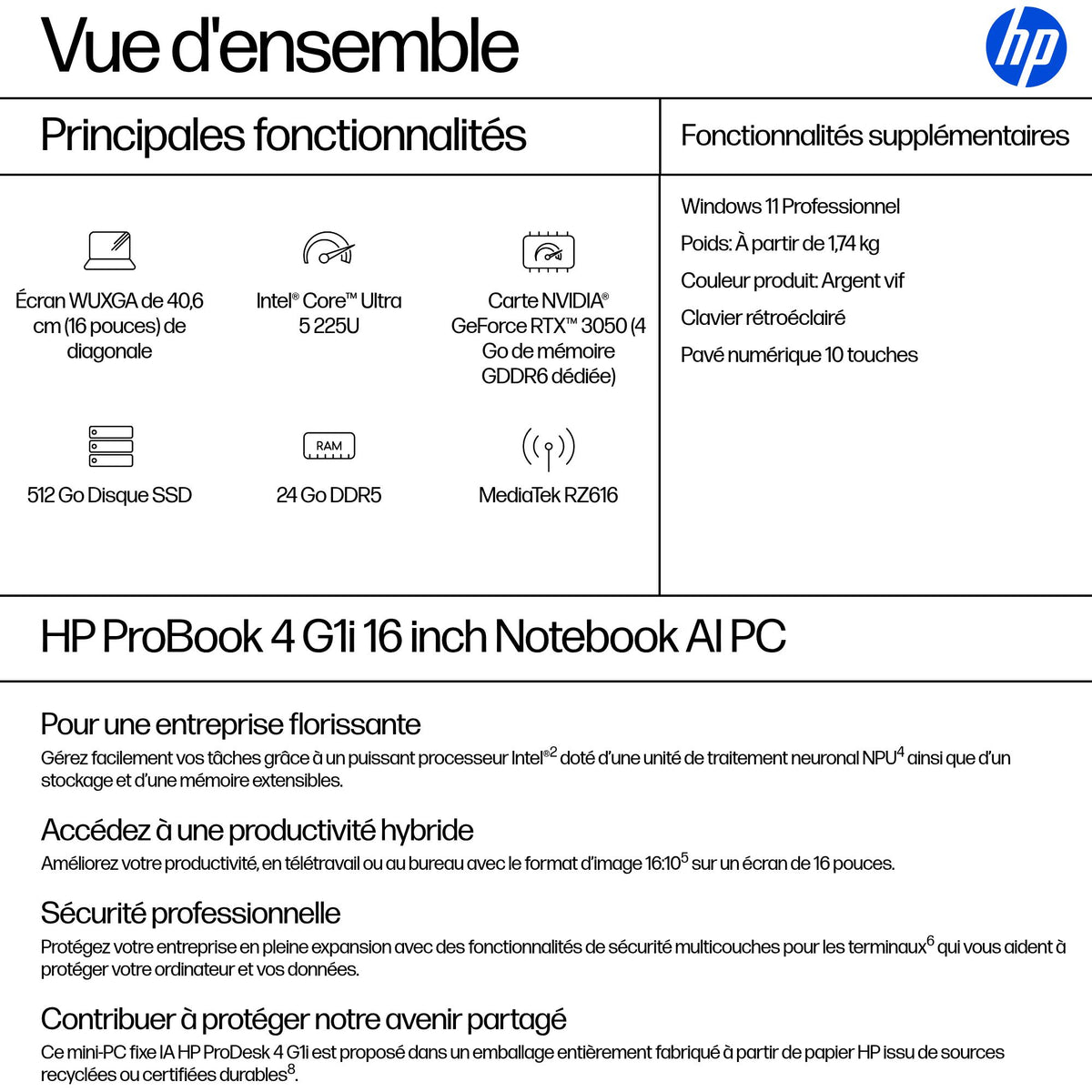 HP ProBook 4 G1i Intel Core Ultra 5 225U 16p WUXGA AG LED UWVA Webcam 24Go DDR5 512Go SSD ax6G+BT 3C Batt UMA W11P 1yr Wrty