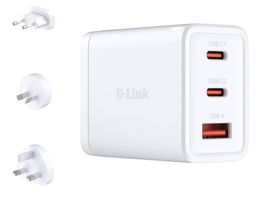 D-LINK 65W GaN Charger 2 USB-C ports 1 USB-A port Simultaneous Charging of 3 devices Fast charging