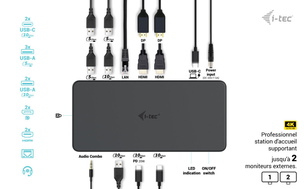 I-TEC USB 3.0 USB-C Thunderbolt 3 Professional Dual 4K Display Docking Station Generation 2 + Power Delivery 100W