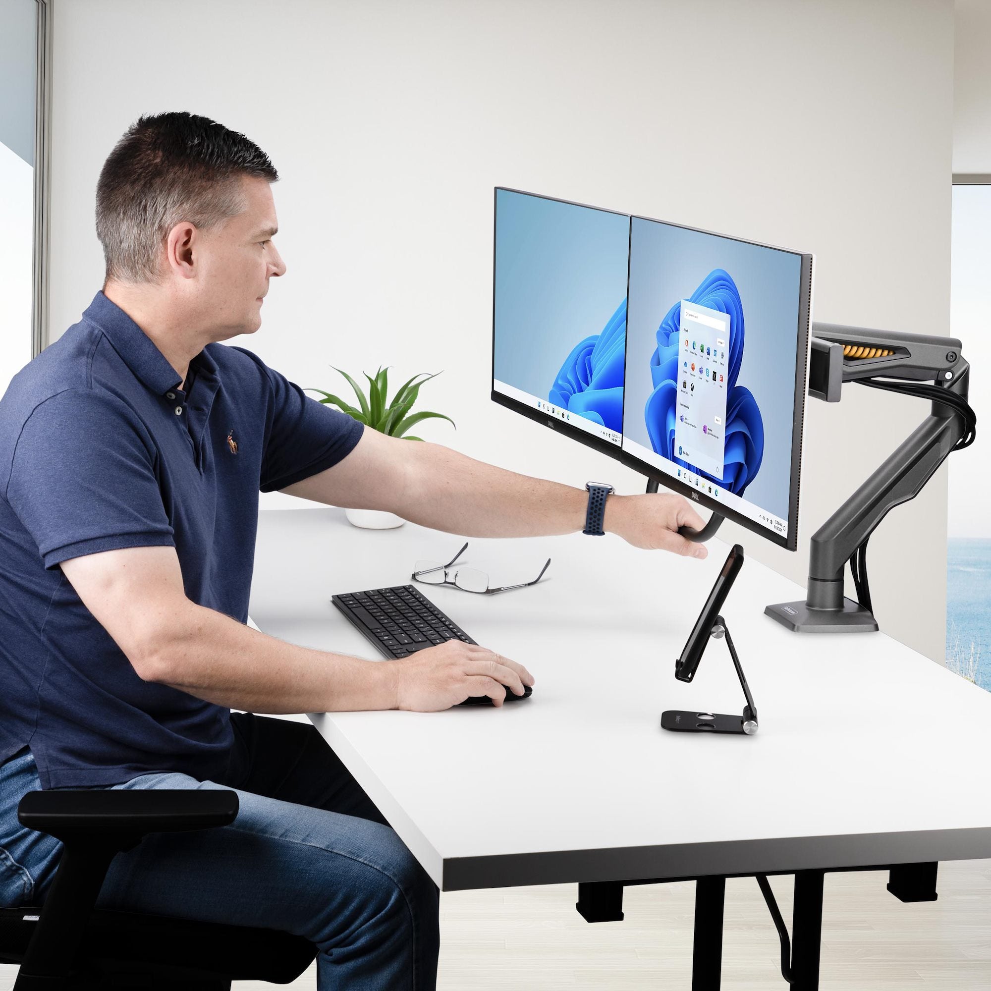 Desk Mount Dual Monitor Arm w/Crossbar