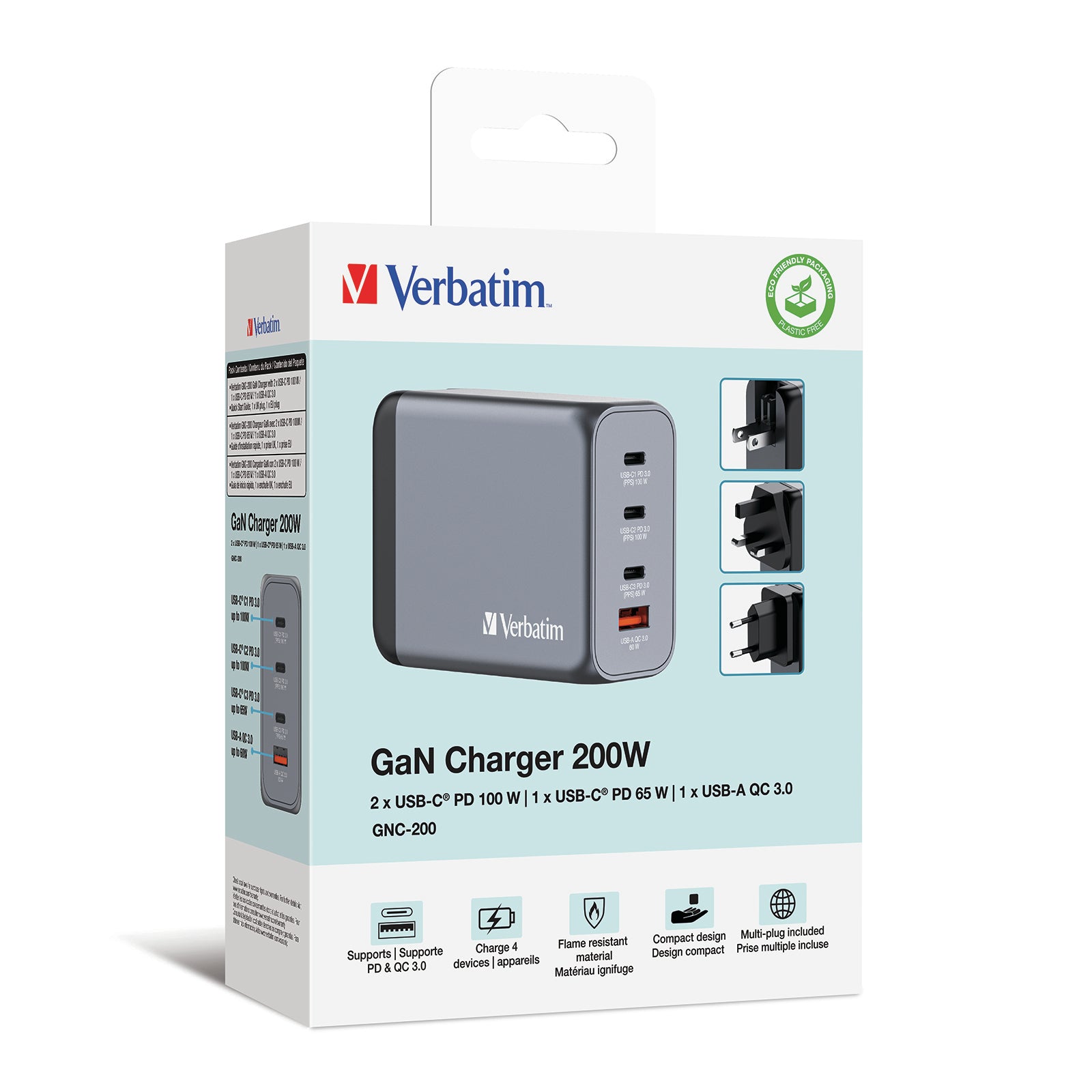 VERBATIM GNC-200 GAN CHARGER 4 PORT 200W USB A/C EU/UK/US WCF (P)
