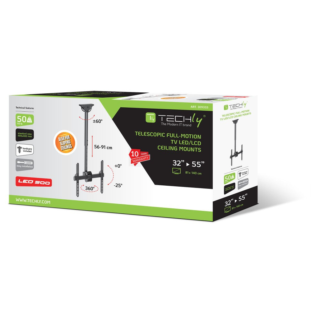 "Techly ICA-CPLB 944S Support de plafond pour TV 32-55"" LED/LCD 50kg réglable"