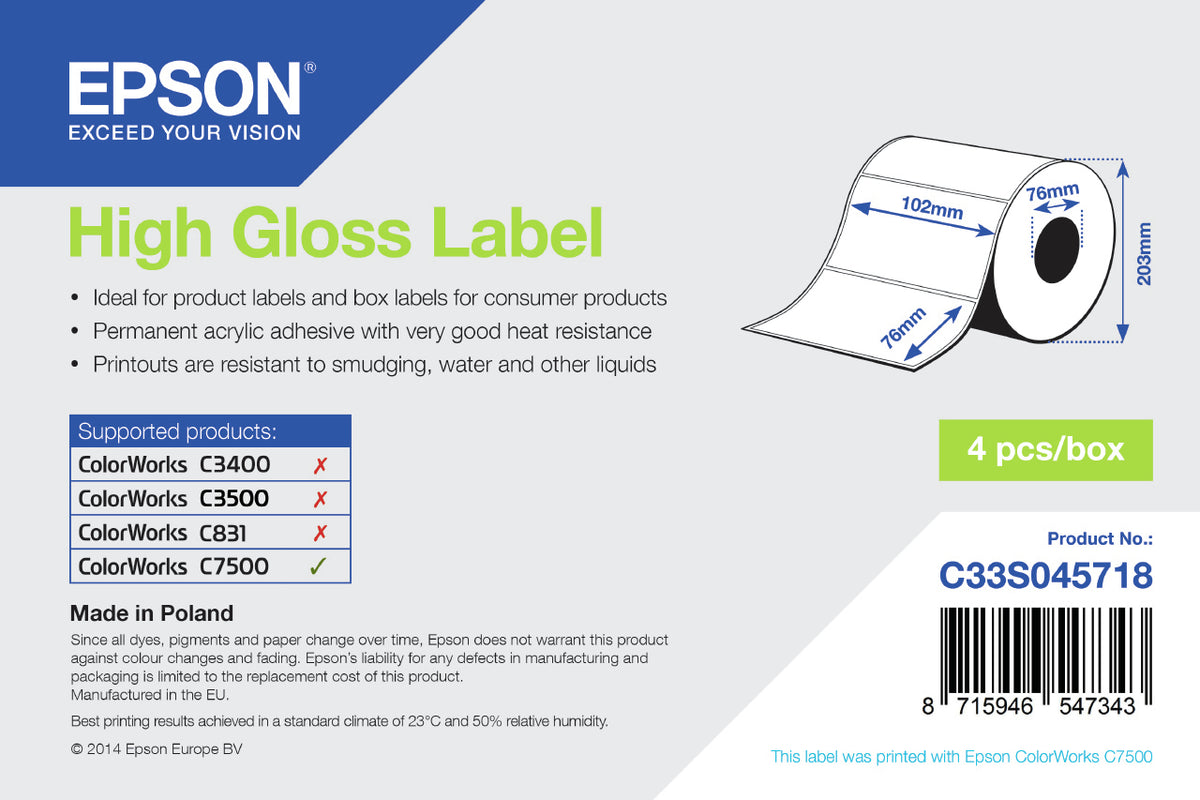 High Gloss Label-Die-cut Roll: 102mm x 7