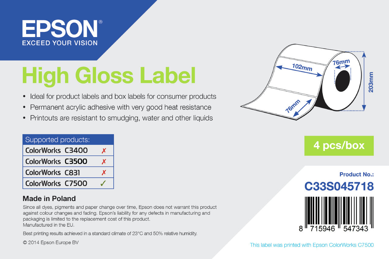 High Gloss Label-Die-cut Roll: 102mm x 7