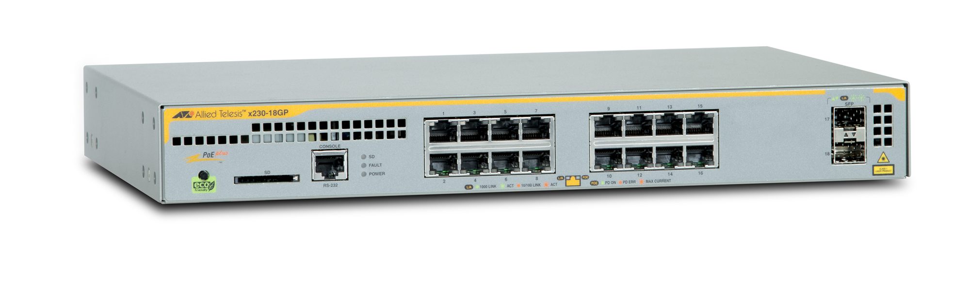 ALLIED L2+ managed switch 16x 10/100/1000Mbps POE ports 2x SFP uplink slots 1 Fixed AC power supply