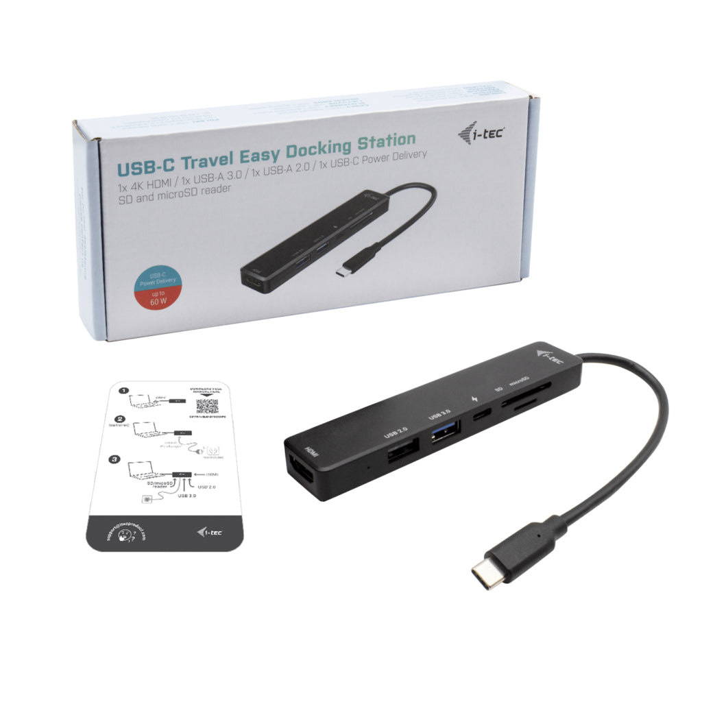 I-TEC USB-C Travel Easy Dock HDMI4K USB-C USB3.0 USB2.0 SD+microSD Card reader Power Delivery 60W 20cm USB-C Cable Sans Alimentation