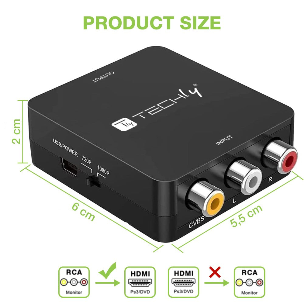 Techly IDATA SPDIF-6E3 Convertisseur AV Composite Vidéo et Audio 3x RCA vers HDMI 1080p