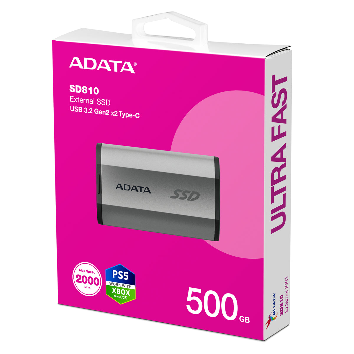 ADATA SD810 500 Go USB Type-C USB 3.2 Gen 2x2 Noir, Argent