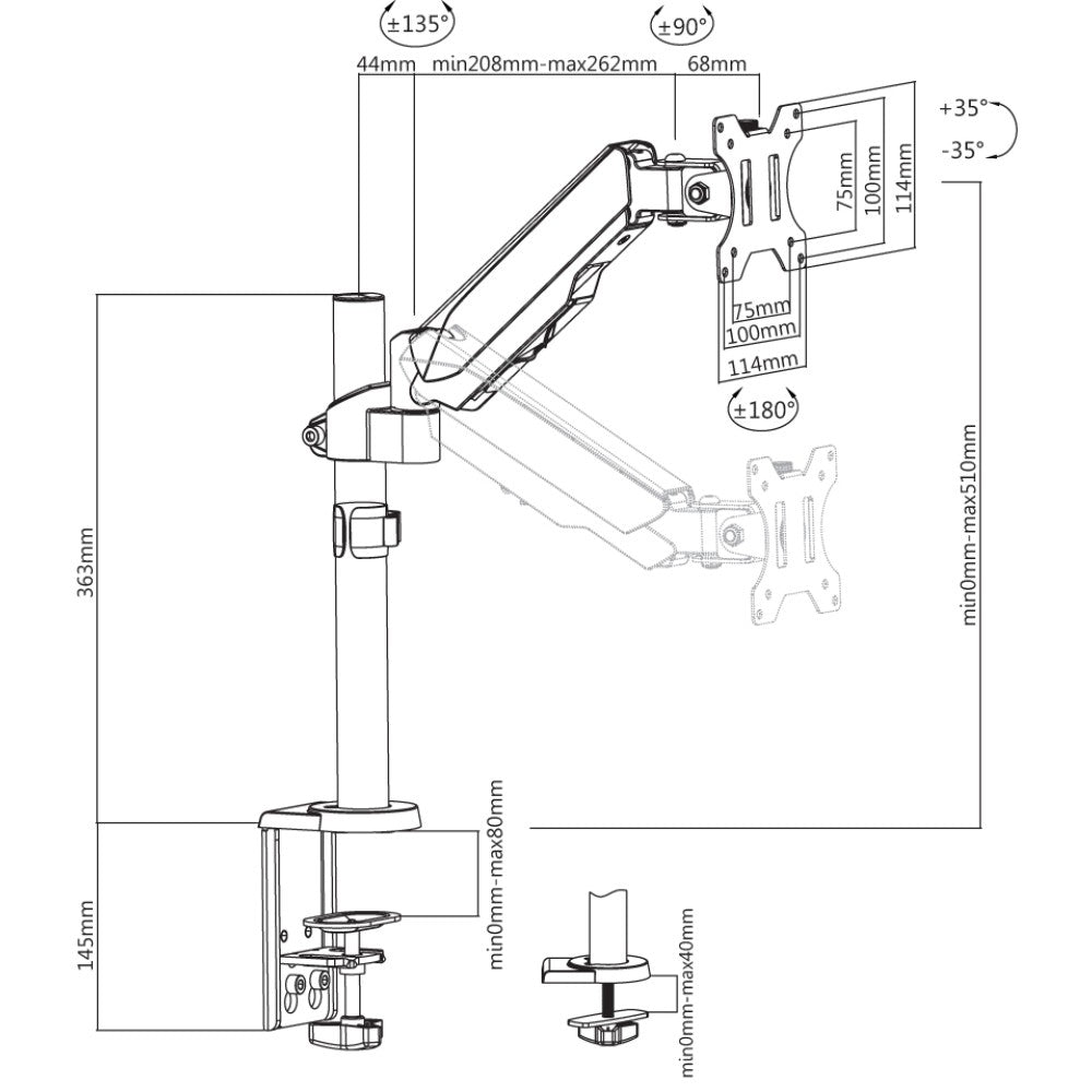 "Support de bureau a ressort a gaz Techly ICA-LCD 515B pour moniteurs LCD de 17 a 32"", 8 kg"