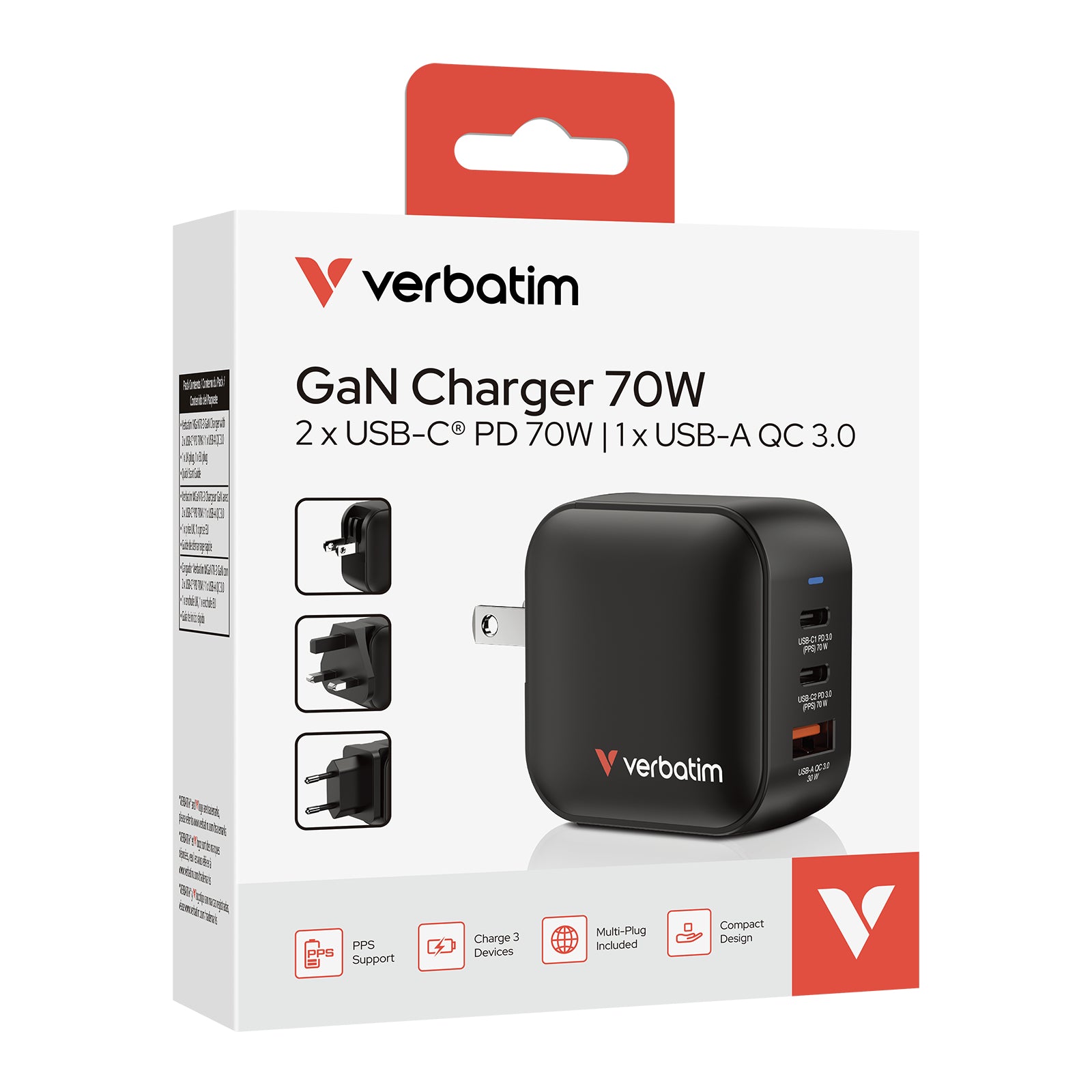 VERBATIM MINI GAN CHARGER 70W 3 PORT US/EU/UK ADP WCF (P)