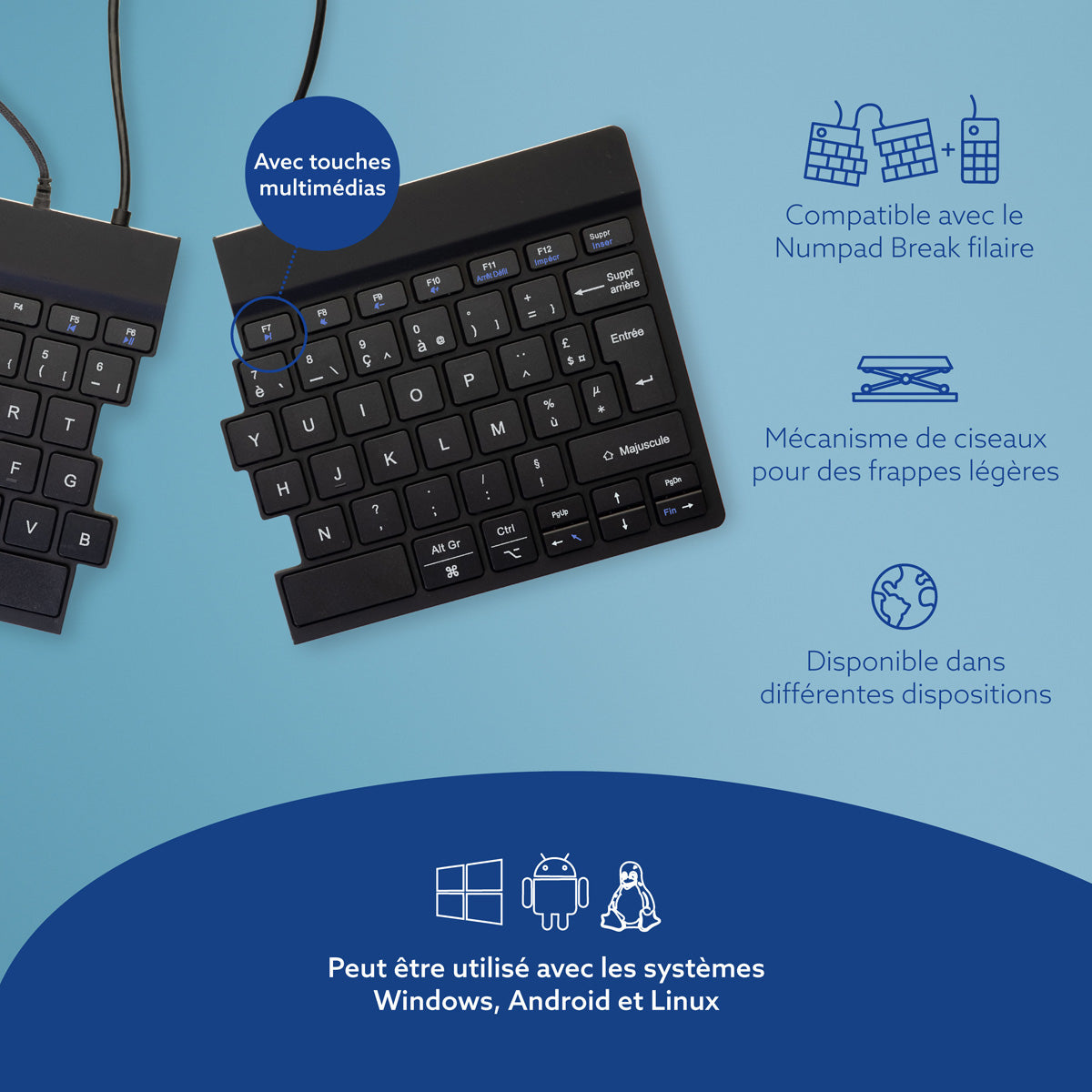 R-GO TOOLS Clavier ergo Split Break v2, divisé, filaire noir