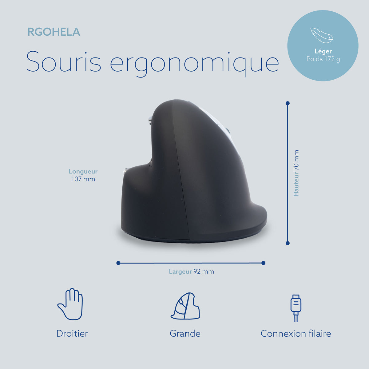 R-GO TOOL Souris HE Break, droiter, filaire, L noire