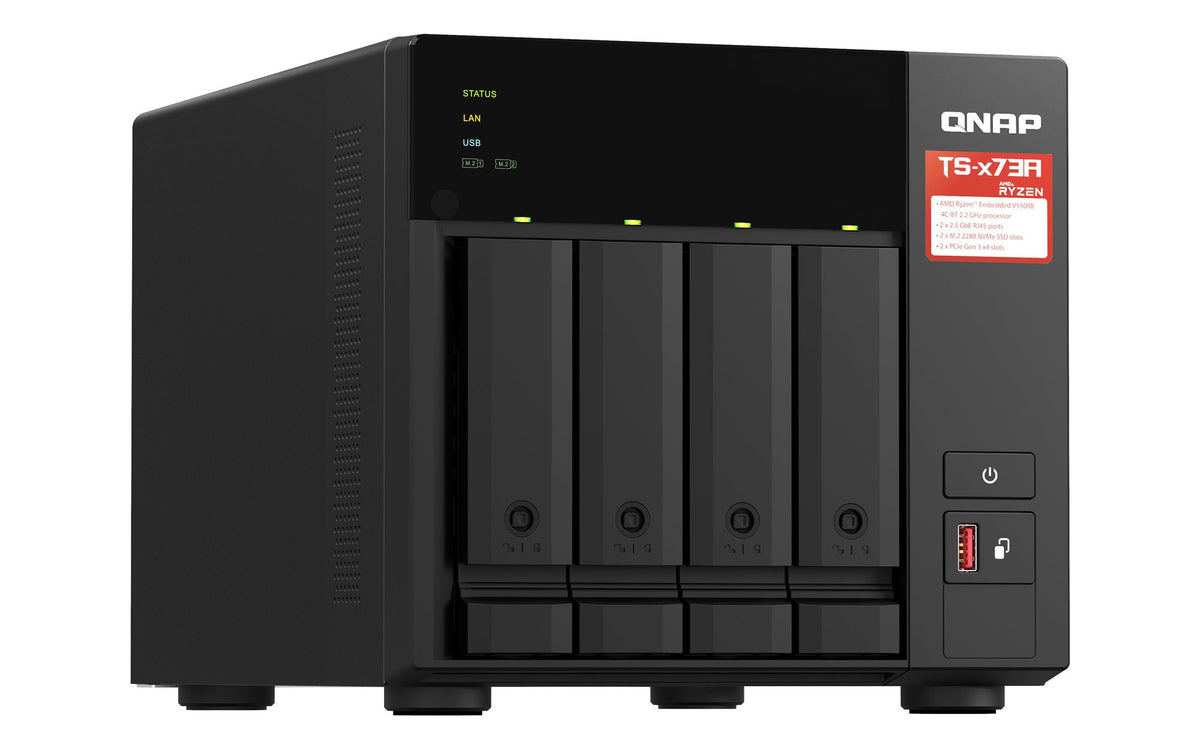 QNAP TS-473A-8G NAS AMD Ryzen Embedded V1500B 8Go SO-DIMM DDR4 4x 2.5/3.5inch SATA 6Gbps 2x M.2 2280 NVMe PCIe Gen3 x1 slots