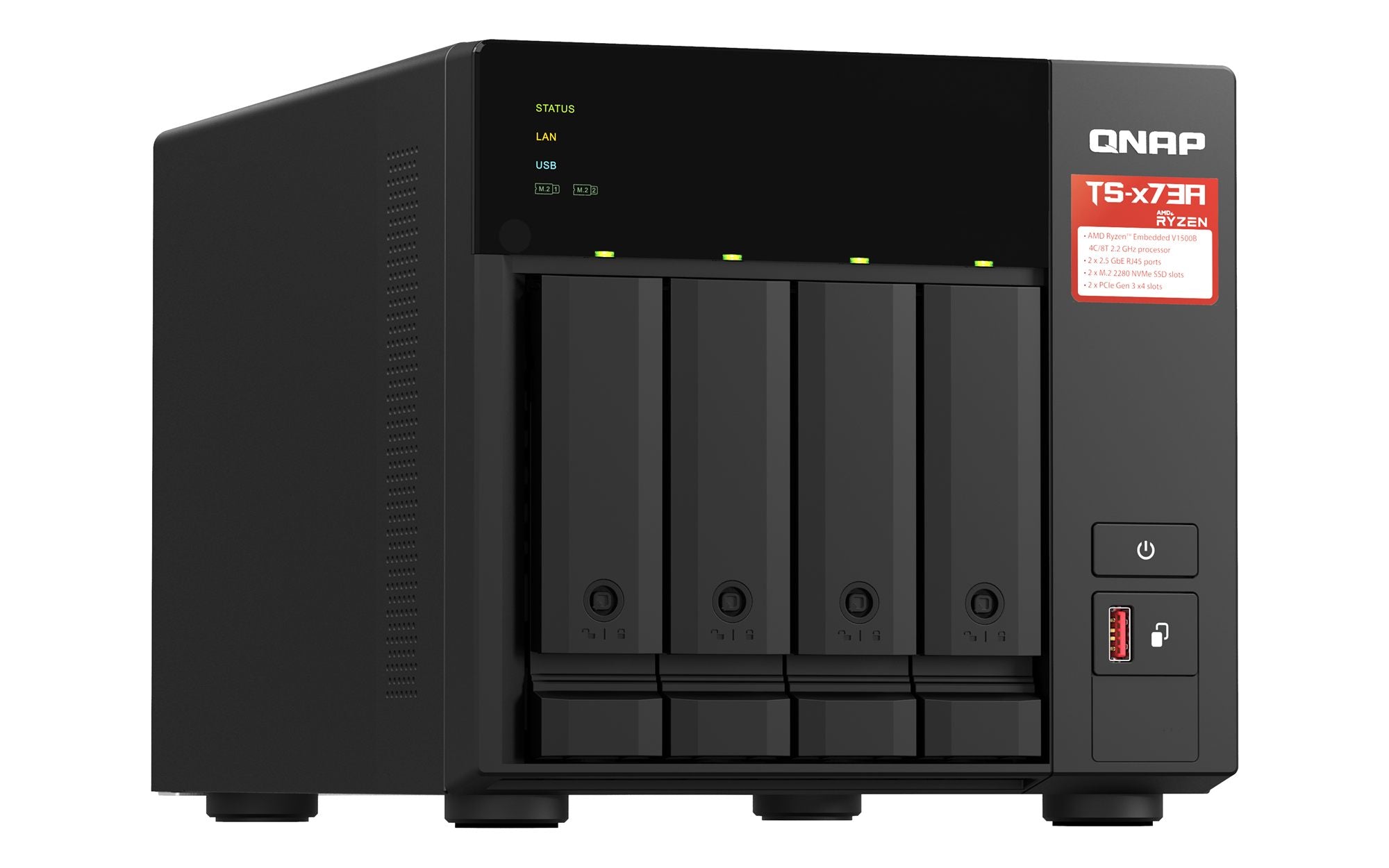 QNAP TS-473A-8G NAS AMD Ryzen Embedded V1500B 8Go SO-DIMM DDR4 4x 2.5/3.5inch SATA 6Gbps 2x M.2 2280 NVMe PCIe Gen3 x1 slots