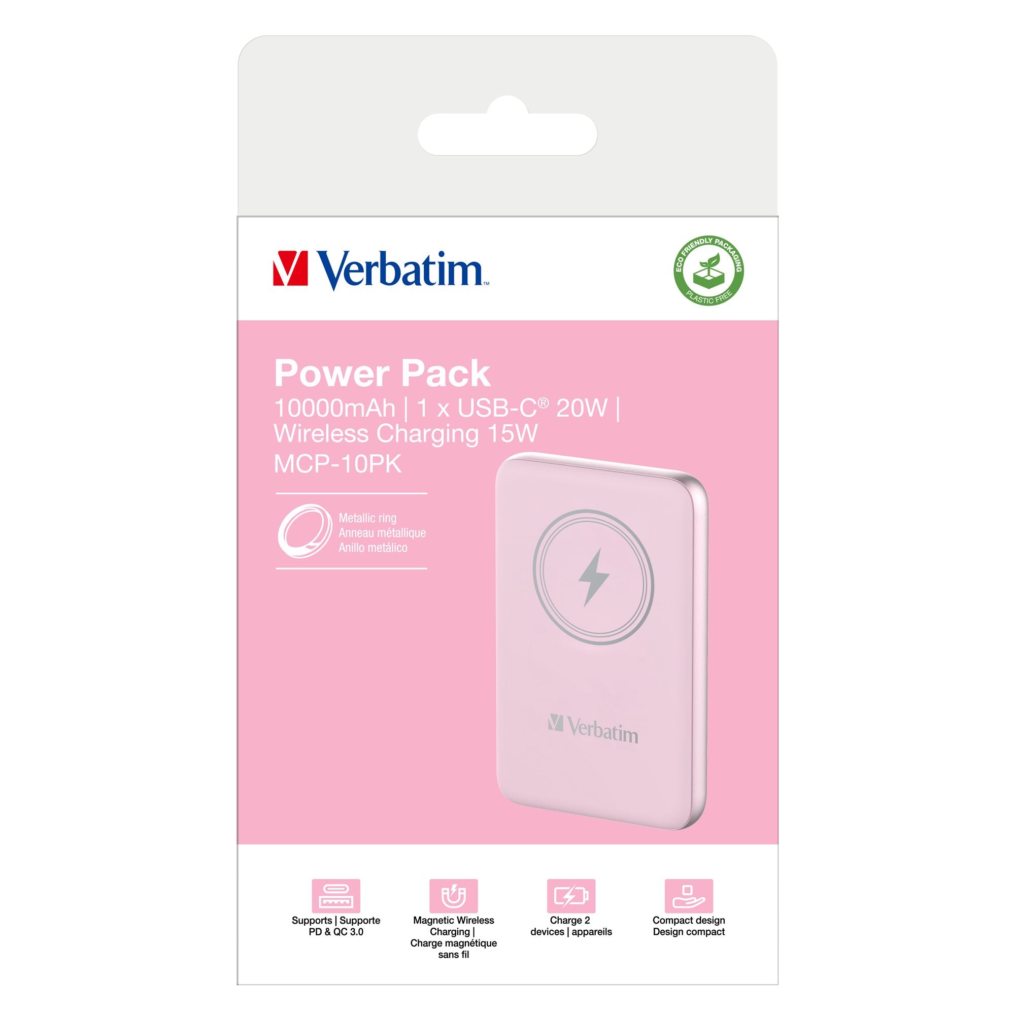 VERBATIM CHARGE N GO MAGNETIC WIRELESS POWER BANK 10000 PINK WCF (P)