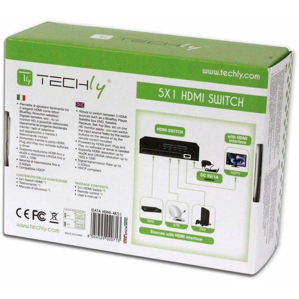 Techly IDATA HDMI-4K51 Commutateur HDMI 1.4 5x1 4K60Hz avec télécommande
