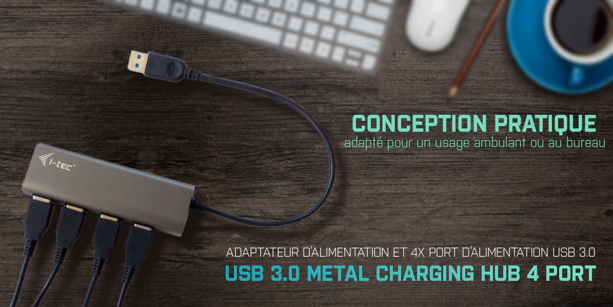 I-TEC USB 3.0 Metal Charging HUB 4 Port with power adaptor 4xUSB charging port. For Tablets Notebooks Ultrabooks PC