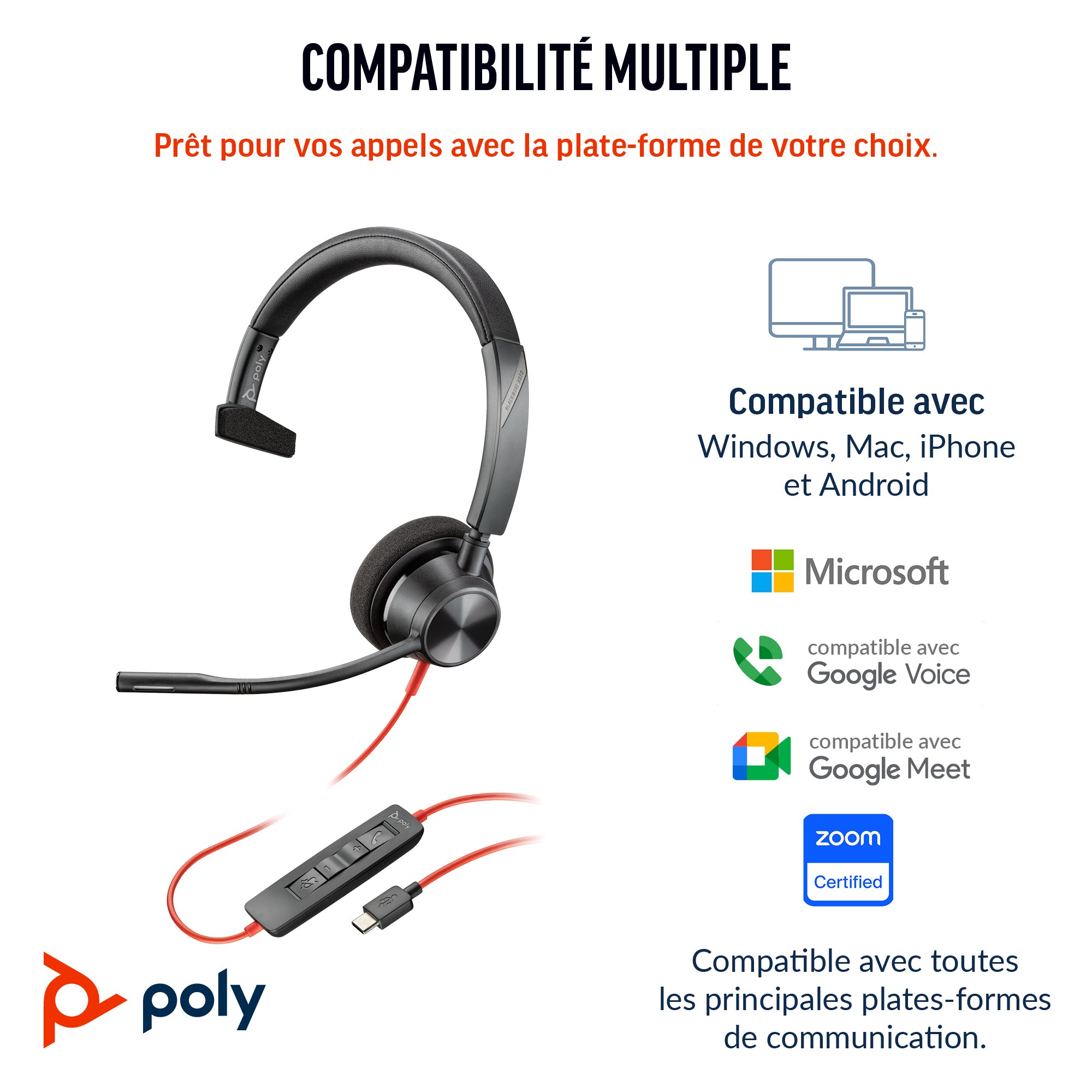 Casque & Microphone Poly Blackwire 3310 Noir