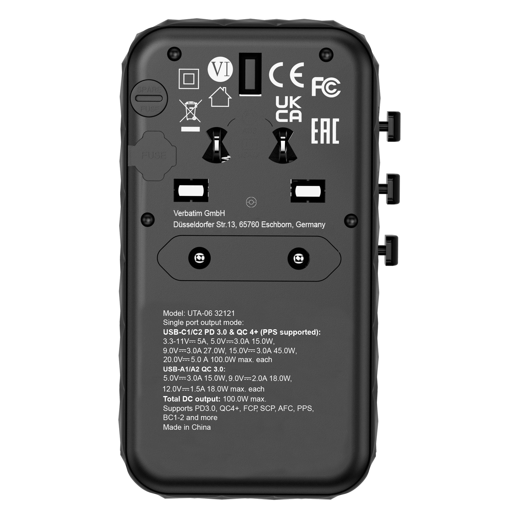 VERBATIM GAN III UNIVERSAL TRAVEL ADAPTER UTA-06 WITH 2 X USB-C PD 100W & QC 4+ / 2 X USB-A QC 3.00 WCF (P)