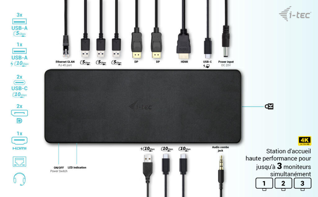 I-TEC USB-C Triple 4K Display Docking Station Gen2 2xDP 1xHDMI 1xGLAN 3xUSB 3.2 Gen1 1xUSB 3.2 Gen2 2xUSB-C Gen2 1xAudio/Mic PD100W