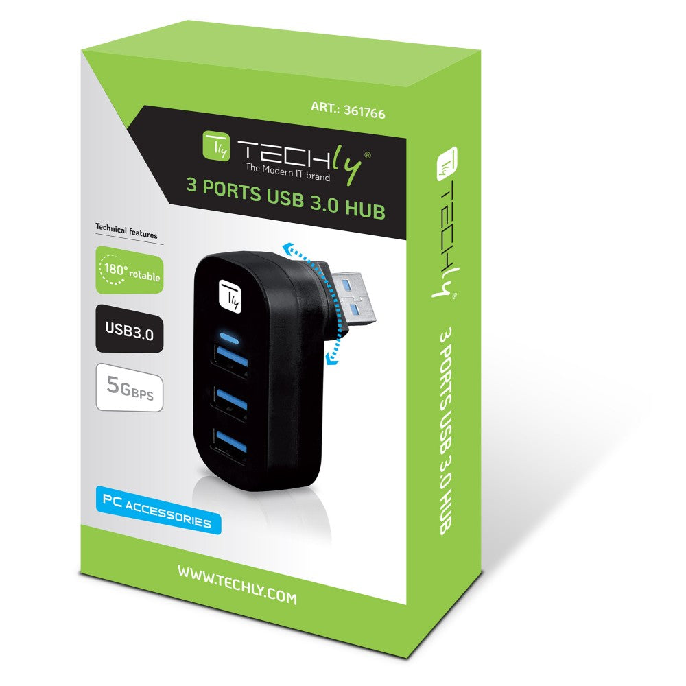 Techly IUSB3-HUB3-ROTB Hub USB 3.0 3 ports avec connecteur USB-A rotatif