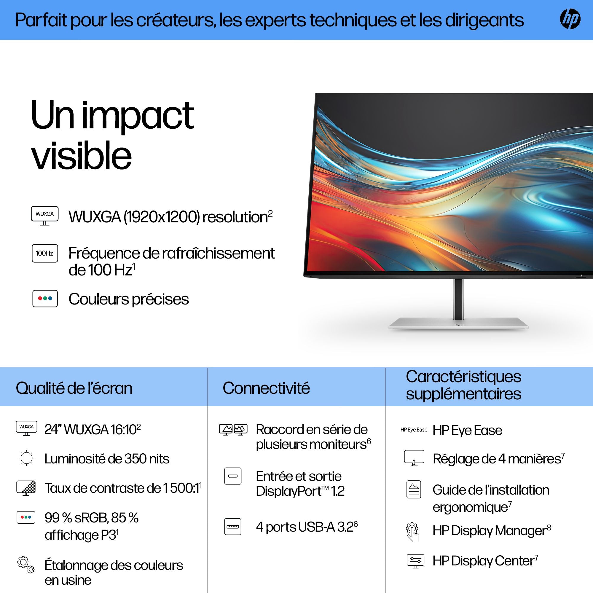 HP Écran WUXGA Série 7 Pro 724pn 24p Moniteur 24 WUXGA 1920x1200 HDMI USB hub DisplayPort 3/3/0