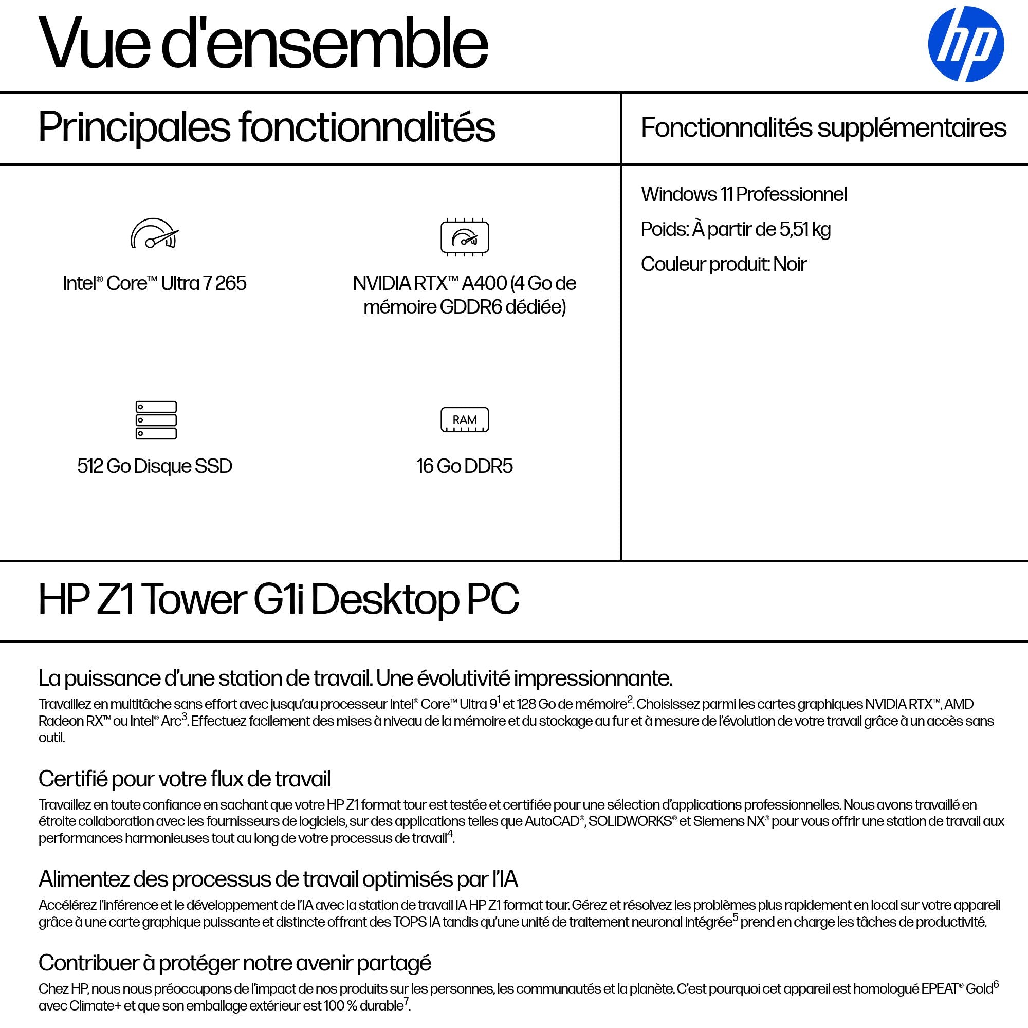 HP Z1 G1i Intel Core Ultra 7 265 16Go 512To SSD NVIDIA RTX A400 4Go W11P 3/3/3 Smartbuy