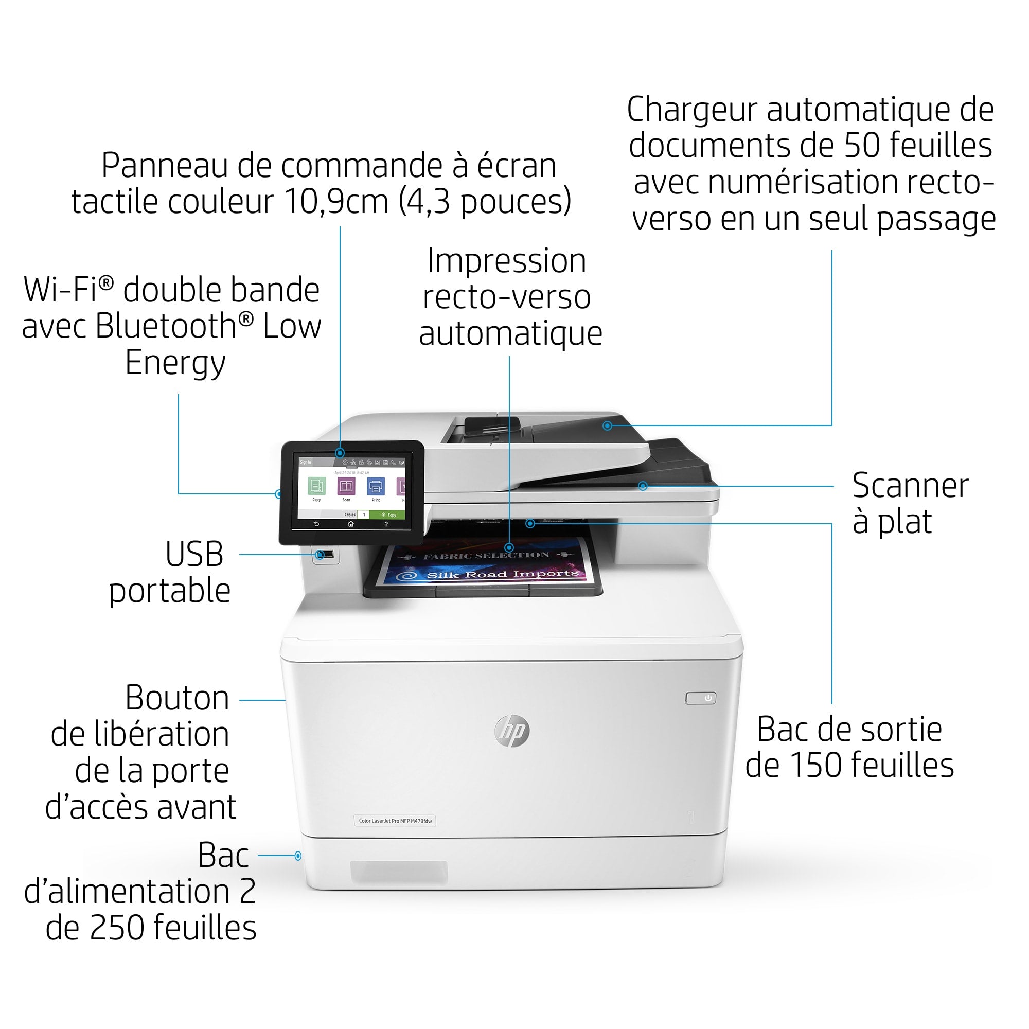 HP Color LaserJet Pro Imprimante multifonction M479dw, Impression, copie, numérisation, e-mail, Impression recto-verso  Numérisation vers e-mail/PDF  Chargeur a