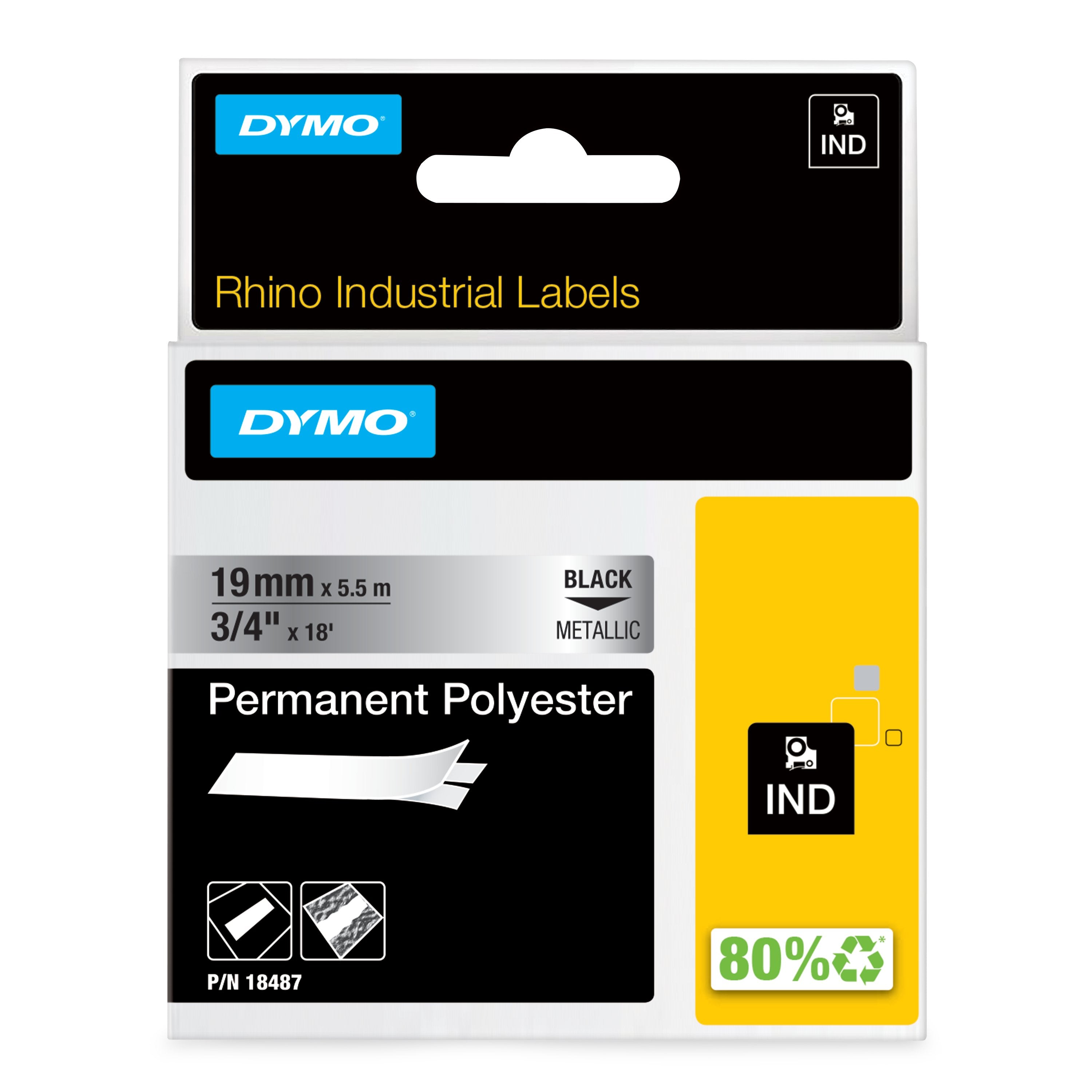 DYMO Rhino Etiquette indus Polyester permanent 19mm x 5,5m noir/métallique