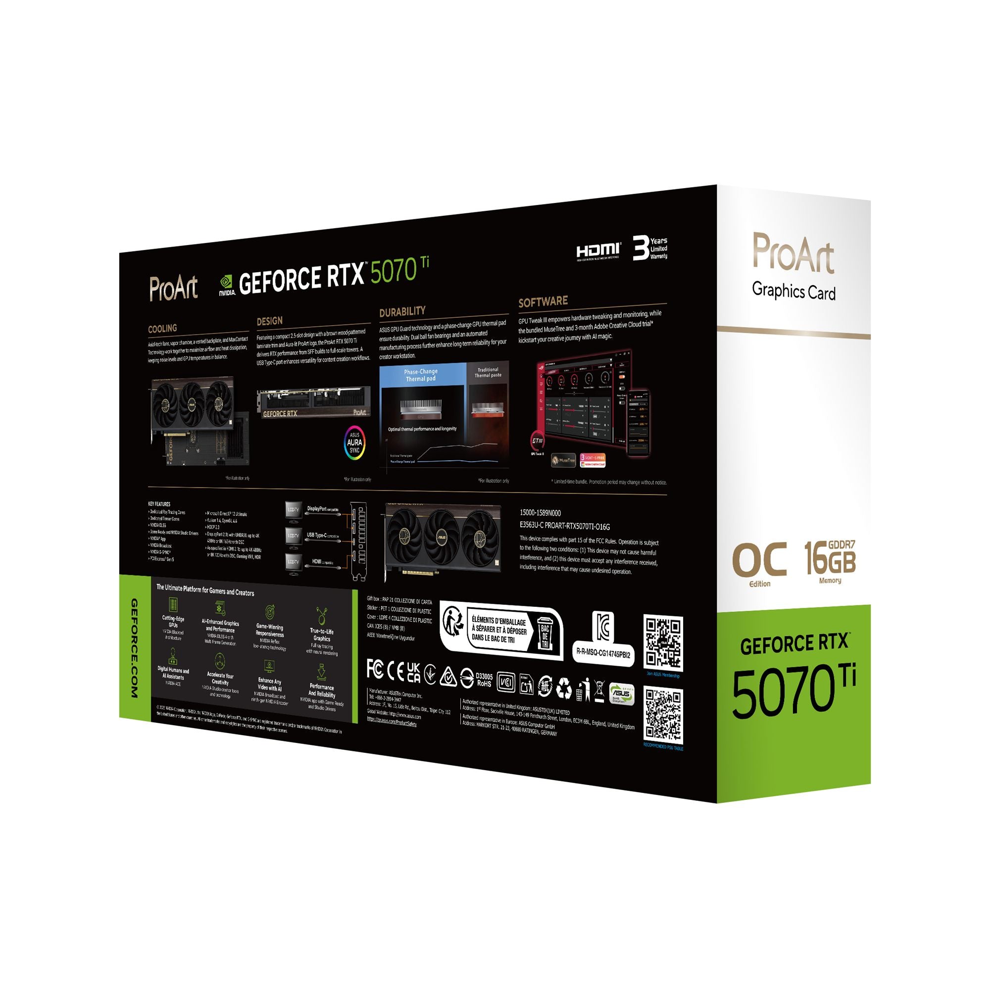 ASUS ProArt GeForce RTX 5070 Ti OC Edition Graphics Card PCIe 5.0 16Go GDDR7 USB Type-C HDMI 2.1b 2xDisplayPort 2.1b
