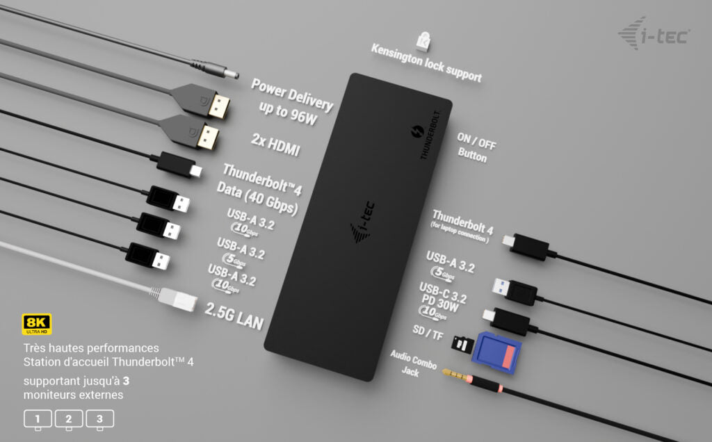 I-TEC Thunderbolt4 3xDisplay DS 2xHDMI 1xTB3 1x2.5GLAN 1xUSB-C Gen2 2xUSB-A Gen2 2xUSB-A Gen1 SD+TF Cardreader 1x Audio/Mic PD 96W